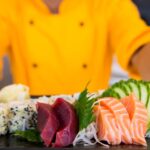 A tray of sushi being served